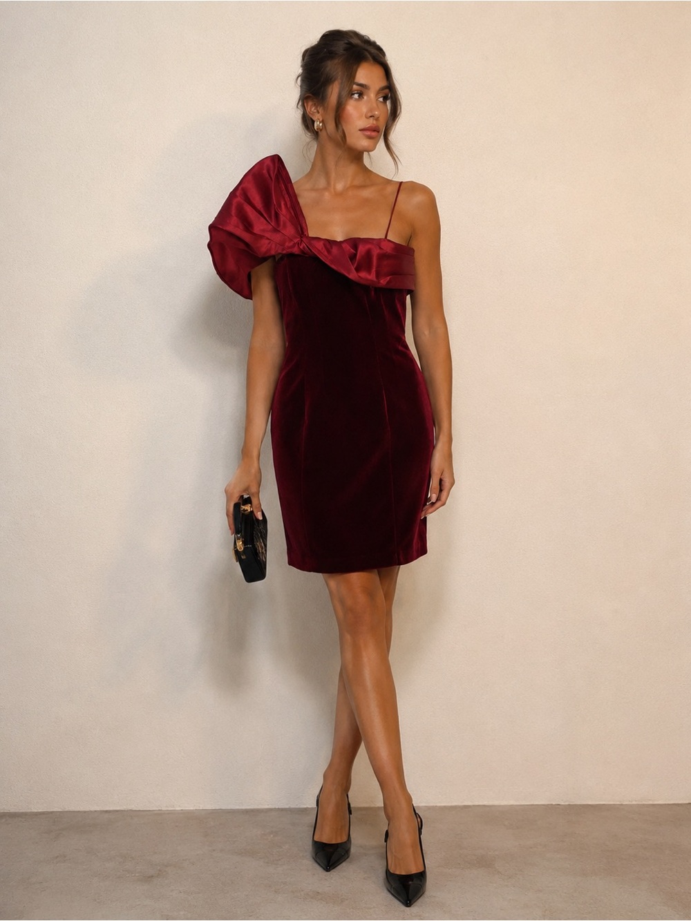 Asymmetric Velvet Cocktail Dress in Wine
